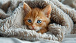 Cute red kitten peeks out from under blanket