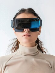 Wall Mural - A woman wearing a virtual reality headset. The woman is wearing a white shirt and has long brown hair