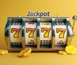 Casino slot machines jackpot winner, big win 777 casino slots illustration on yellow background concept. Generative AI
