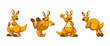 Funny smiling kangaroo character in different poses and face emotions. Cartoon vector set of happy australian animal wallaby with pouch standing, waving hand while welcome, stand on tail and jump.