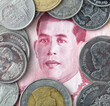 Coins and banknotes of Thailand. Close-up
