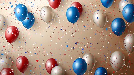 Wall Mural - Background of red, white and blue balloons and confetti on a tan background. Generative AI.