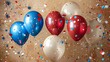 Background of red, white and blue balloons and confetti on a tan background. Generative AI.