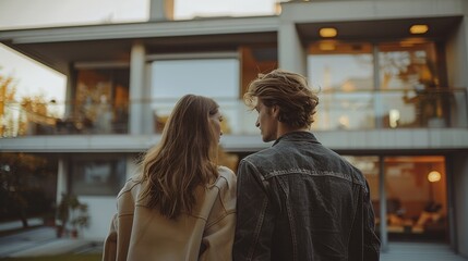 Canvas Print - A young married couple, with their backs turned, looking at a house to rent, the house that is minimalist, modern style. Generative AI.