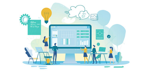 Business people work with computers scene and Data analysis, business finance investment concept, Flat vector design