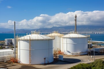 Aerial view oil terminal storage tank, White oil tank storage chemical petroleum petrochemical refinery product at oil terminal, Business commercial trade fuel energy transport by tanker ship vessel