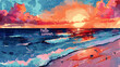 Hello summer watercolor illustration with beach and ocean. Artistic seaside sunset with text overlay. Summer vacation and travel concept. Design for greeting card, postcard, poster, invitation.