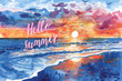 Hello summer watercolor illustration with beach and ocean. Artistic seaside sunset with text overlay. Summer vacation and travel concept. Design for greeting card, postcard, poster, invitation.