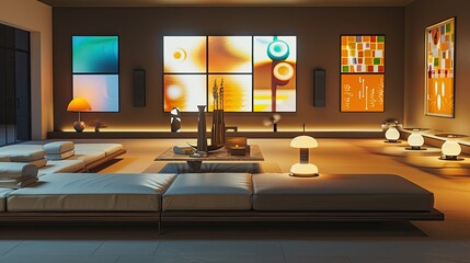 Wall Mural - A minimalist living room with a smart wall that displays interactive art, a central low-profile couch, and a set of artistic table lamps