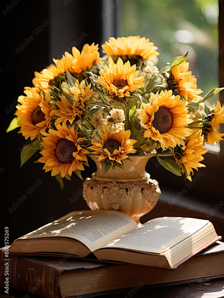 Still life with a vase of sunflowers and books next to the window ...