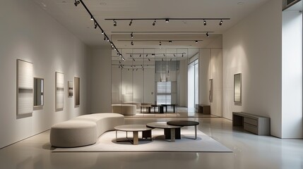 A minimalist living room with a ceiling track lighting system, a wall of frameless mirrors, and a set of nesting tables