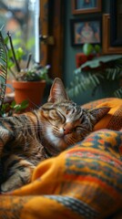 Canvas Print - AI generated illustration of a tabby cat napping on a blanket by a window