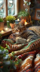 Canvas Print - AI generated illustration of a tabby cat napping on a blanket by a window