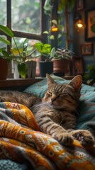 Canvas Print - AI generated illustration of a tabby cat napping on a blanket by a window