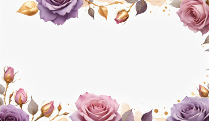 Wall Mural - Pink, purple, gold roses and rose petals on white background with copy space for text. Golden alcohol ink watercolor floral bloom banner for Mother’s Day or mauve wedding stationery