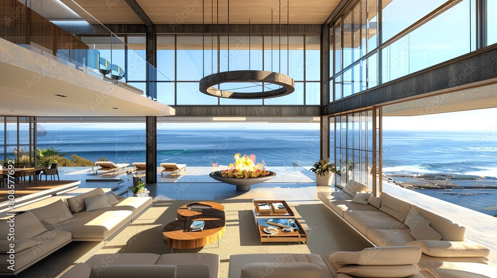 A modern living room with a spectacular ocean view, featuring floor-to ...