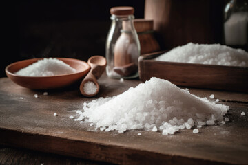 generated Illustration heap of salt on wooden table.