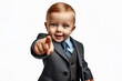 Business baby pointing his finger at you isolated on white background