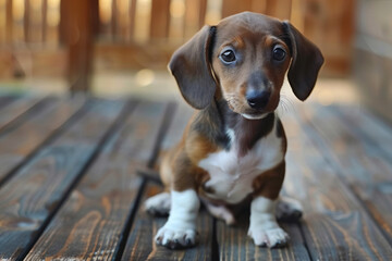 Canvas Print - a small dog sitting on a wooden deck