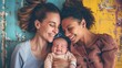 © Daria Lukoiko - happy female Gay couple with a baby. Concept of homosexual people, lesbian marriage. Loving LGBT Family Finds Complete Happiness in Adoption