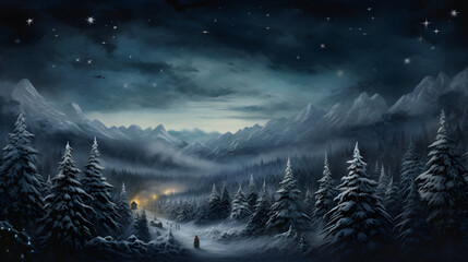 Winter landscape with falling snow, clouds, and pine forest in the mountains	

