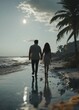 Couple walking hand in hand along the shore of a paradisiacal beach
