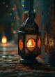 Old lantern with candles lighting a dark room