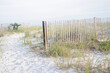 Serene beach scene with wooden fence and grassy dunes