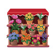 Flower  store. Flowers are on the shelves. Large set of indoor plants and flowers.Set of flowers in pots.Interior of a flower shop. Beautiful showcases with many flowers Large set of indoor plants