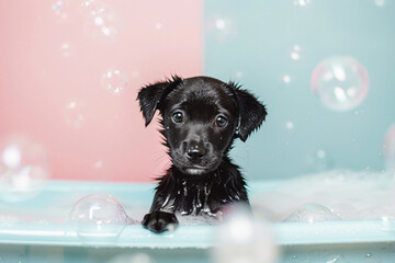 Canvas Print - a black puppy sitting in a tub with bubbles