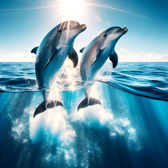 Wall Mural - Dolphin swimming in the ocean. 3D render. Underwater. Two dolphins jump and peek out of the wide beautiful sea under the blue sky with big white clouds.3D illustration 3D rendering