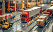 Loading trucks in a warehouse at the dock. Delivery of goods in containers by trucks. Distribution warehouse port. Freight transport and logistics background
