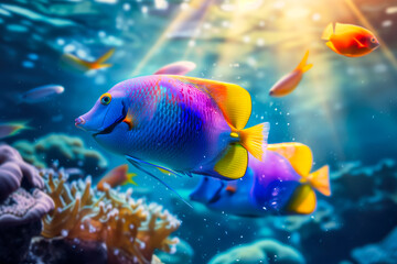 A colorful fish swims in the ocean with other fish