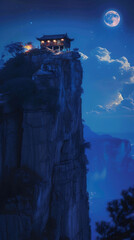 Wall Mural - Asian traditional house with light on the edge of rock cliff at night with full moon