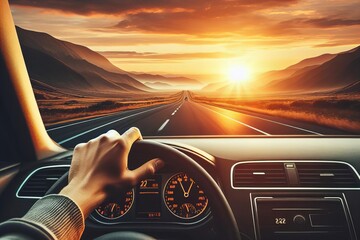 A person is driving car on long road with mountains in the background