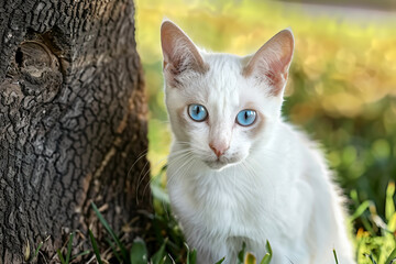 Wall Mural - a white cat with blue eyes sitting in the grass