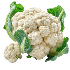 White cauliflower with green leaves isolated on a green background.