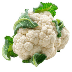 White cauliflower with green leaves isolated on a white background.