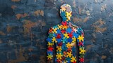 Fototapeta  - Multi-colored puzzle pieces in a human figure form. Autism or neurodiversity concept, state of mind and mental health
