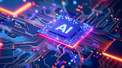 Abstract futuristic AI chip on a circuit board background, high tech and artificial intelligence concept animation