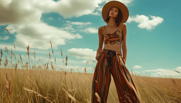 Woman in bohemian outfit with hat standing in field