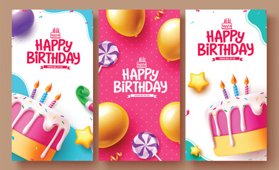 Happy birthday vector poster set design. Birthday greeting text with cake, balloons and lollipop decoration elements for occasion background collection. Vector illustration greeting postcard. 
