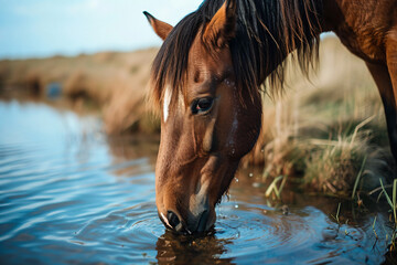 Wall Mural - a horse drinking water from a pond in a field