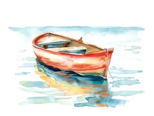 A Watercolor Painting Of A Red Rowboat Gently Floating On A Calm Lake