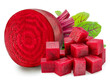 Red beetroot cross section and pieces of beetroot isolated on white background.
