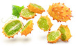 Kiwano fruit with kiwano slices levitating in air on white background.  File contains clipping paths.