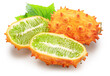 Kiwano fruit with  leaves and kiwano slices on white background.  File contains clipping path.