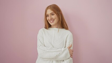 Sticker - Confident young redhead woman, happily laughing away with a natural expression and a sunny smile. standing in a stylish sweater over an isolated pink background.