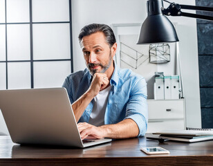 Poster - man office working laptop computer business single Middle-aged guy reading on laptop in office