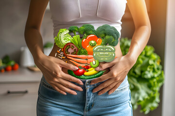 Healthy Eating Concept with Illustrated Veggies on Woman's Stomach